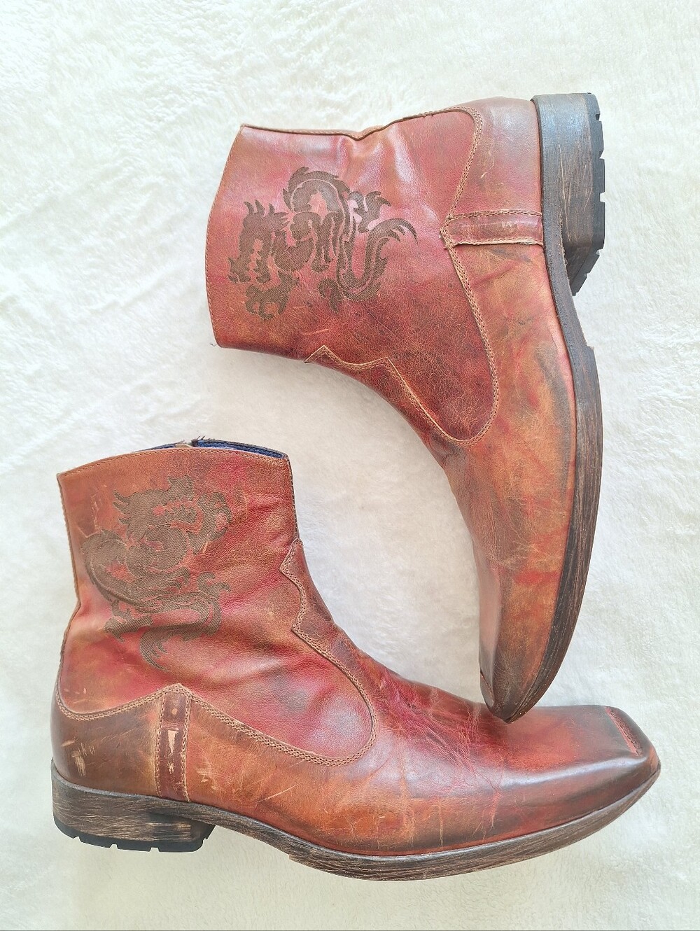 Mark Nason Italy Mens Dragon Leather Boots Red Distressed Cross Square Toe US 9